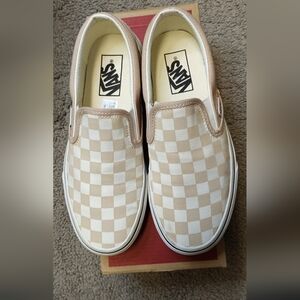 Vans Tan and White Checkerboard Slip-On Sneakers